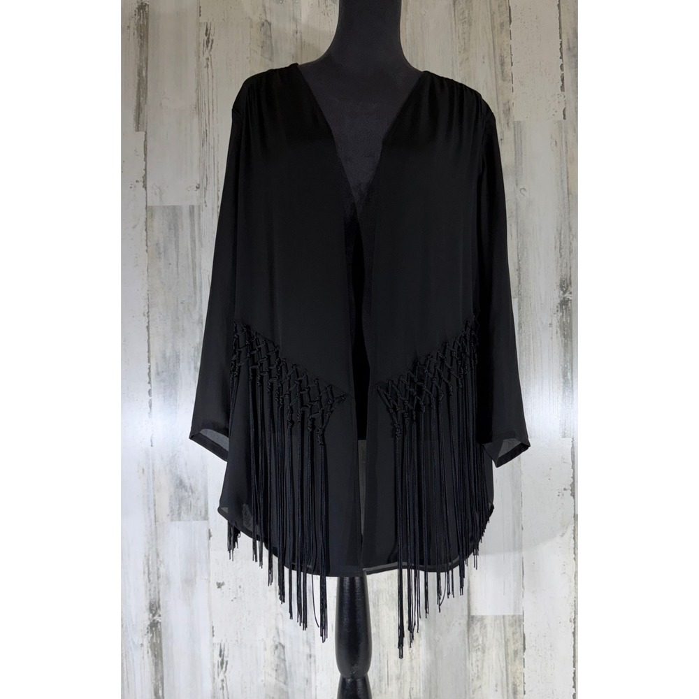 Chicos Kimono Cardigan 1 Medium Black Macrame Fringe Sheer Open Front Chiffon